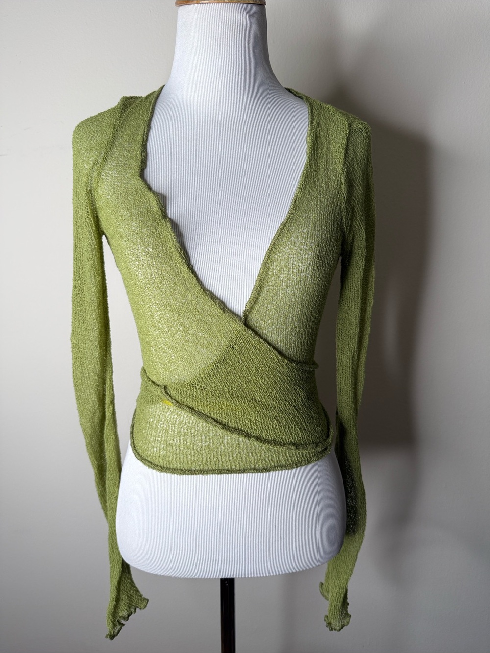 Urban Outfitters Green Knit Wrap Cropped Long Sleeve Top